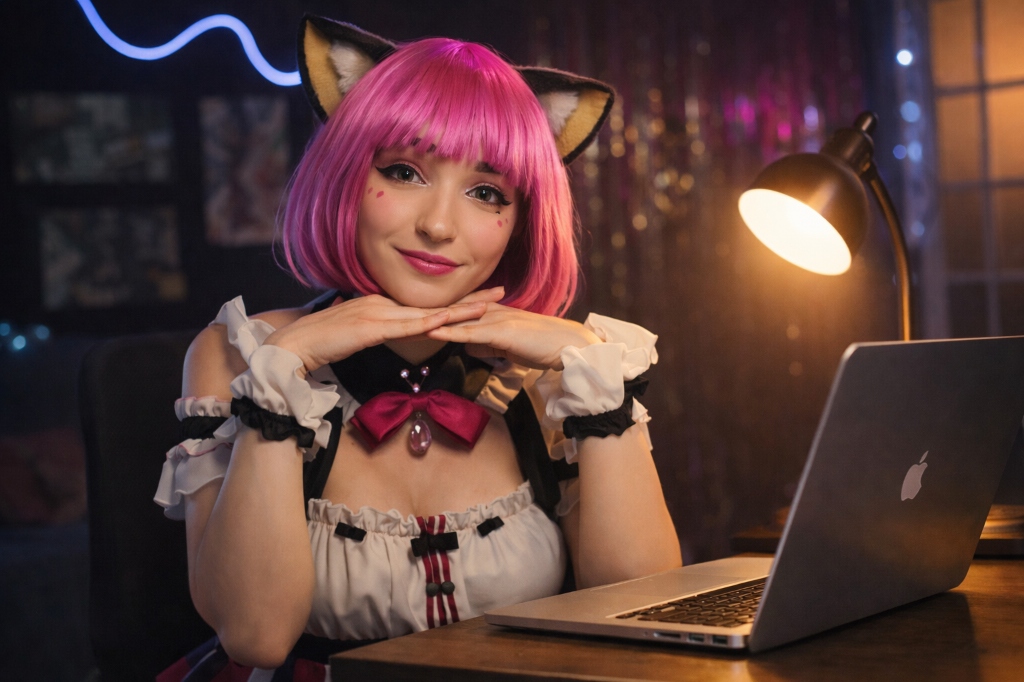 Creadora de contenido con estética cosplay y laptop en un entorno profesional y cálido